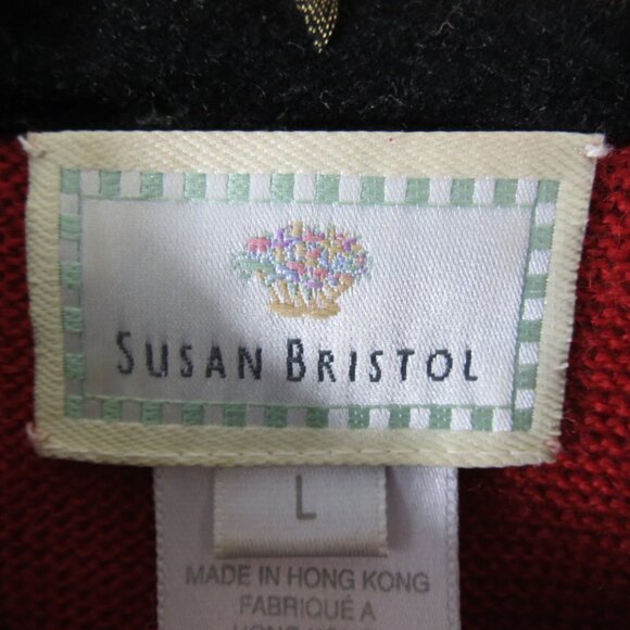 Vtg Susan Bristol Red Cardigan Sweater Embroidered Black Collar Size Large - Picture 9 of 12